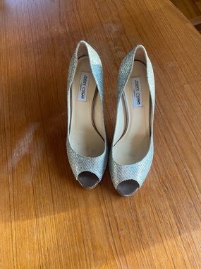 Jimmy Choo Silver Glitter Peep Toe Pumps